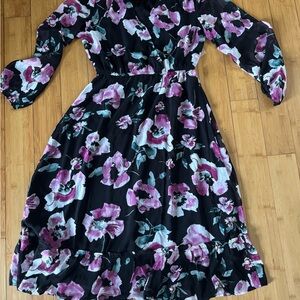 Floral Midi Dress in Black and Purple